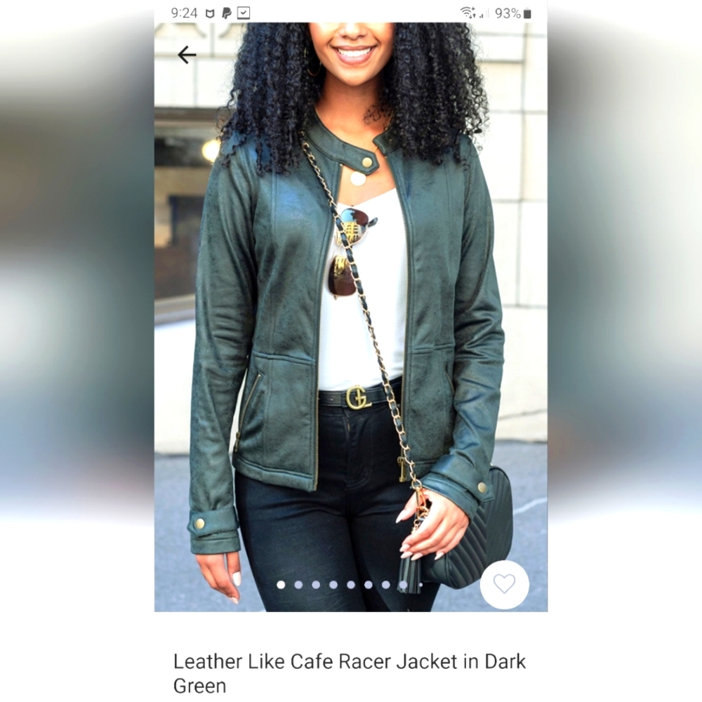 NWT Grace & Lace Leather Like Cafe Racer Jacket in dark green FREE SHIPPING!